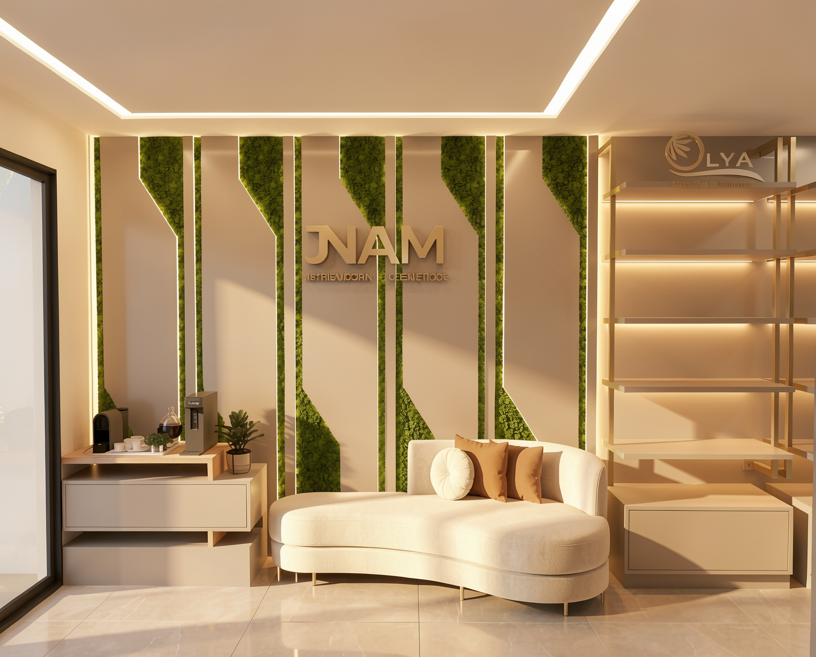 Ambiente com sofá e identidade visual da Distribuidora JNAM