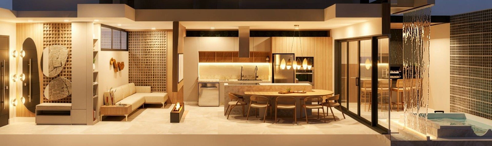 Visão panorâmica da Residência L e D, com sala, cozinha e mesa integradas