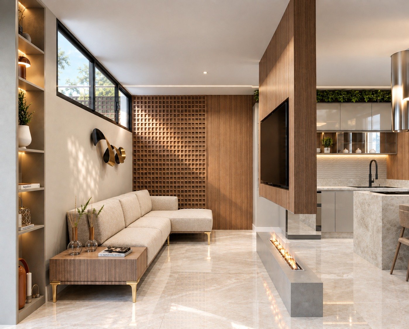 Residência L e D — sala integrada à cozinha