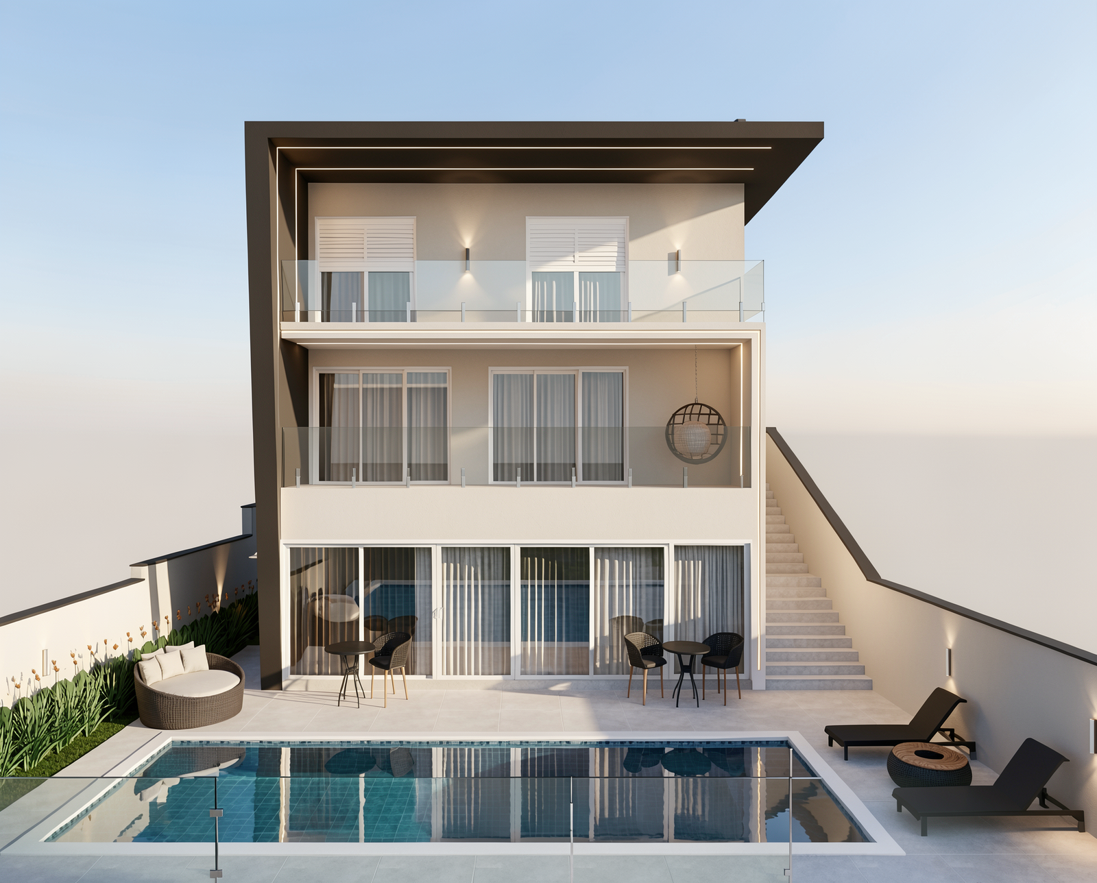 Fachada dos fundos com piscina da Residência P e F
