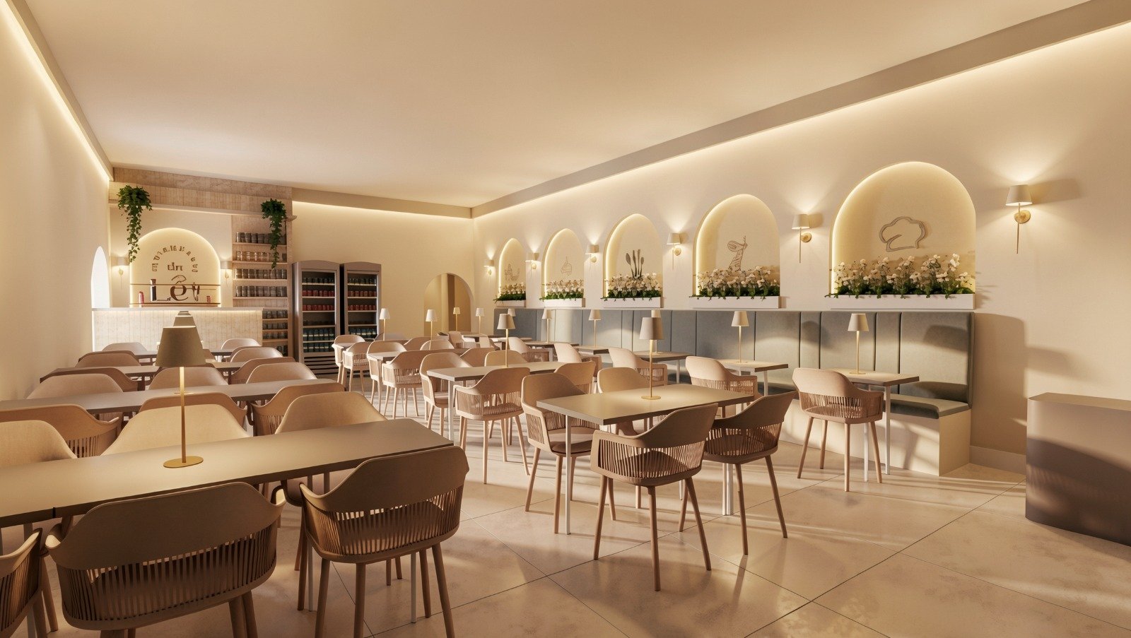 Salão amplo do projeto Restaurante