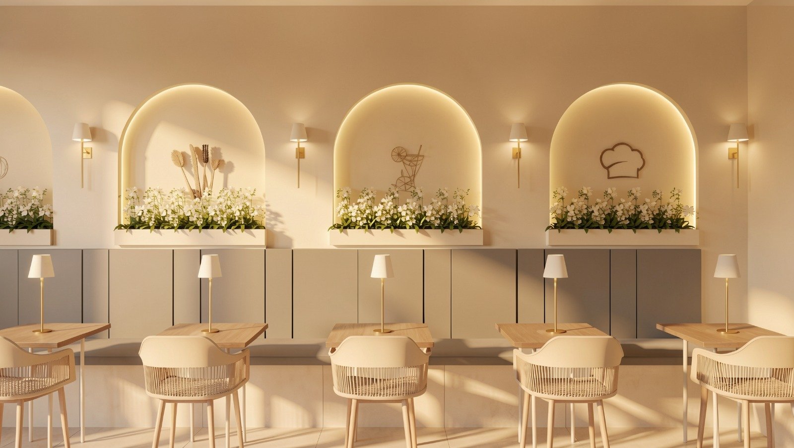 Parede com arcos decorativos iluminados do Restaurante
