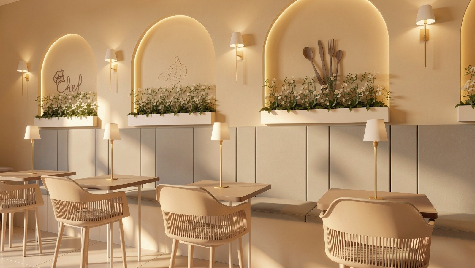 Detalhe das mesas e arcos iluminados do Restaurante